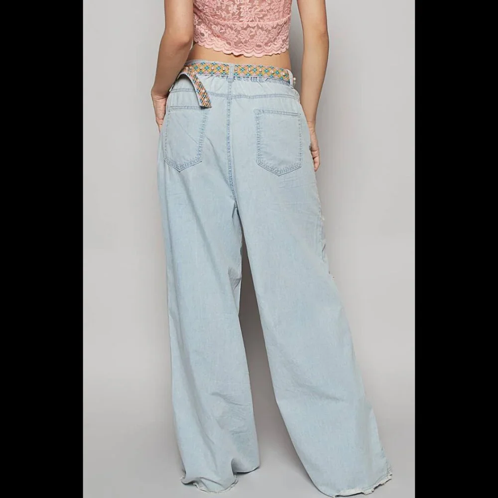 🆕Pol Star Heart Lace Patchwork Blue Denim Wide Leg Pants Size Medium - Picture 2 of 12